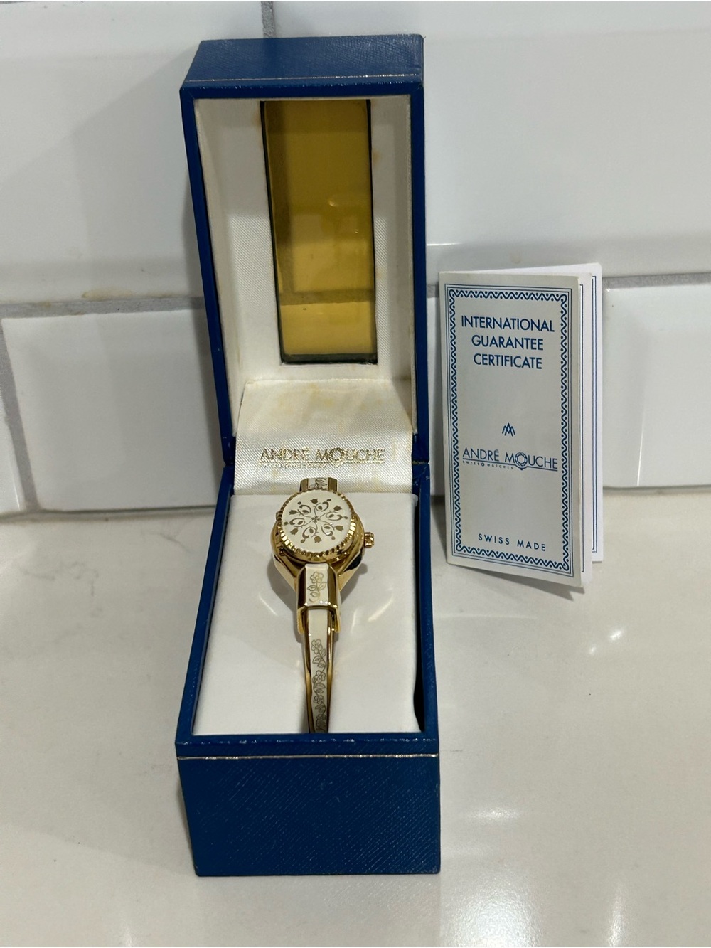 Rare André Mouche Peek-a-Boo Swiss Bangle, Watch Box & Certificate-Working